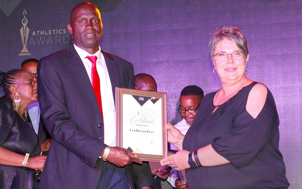 Cecilia van Bers highlights the award by Athletics South Africa recognisting her contribution towards sport. Photo: Reg Caldecott