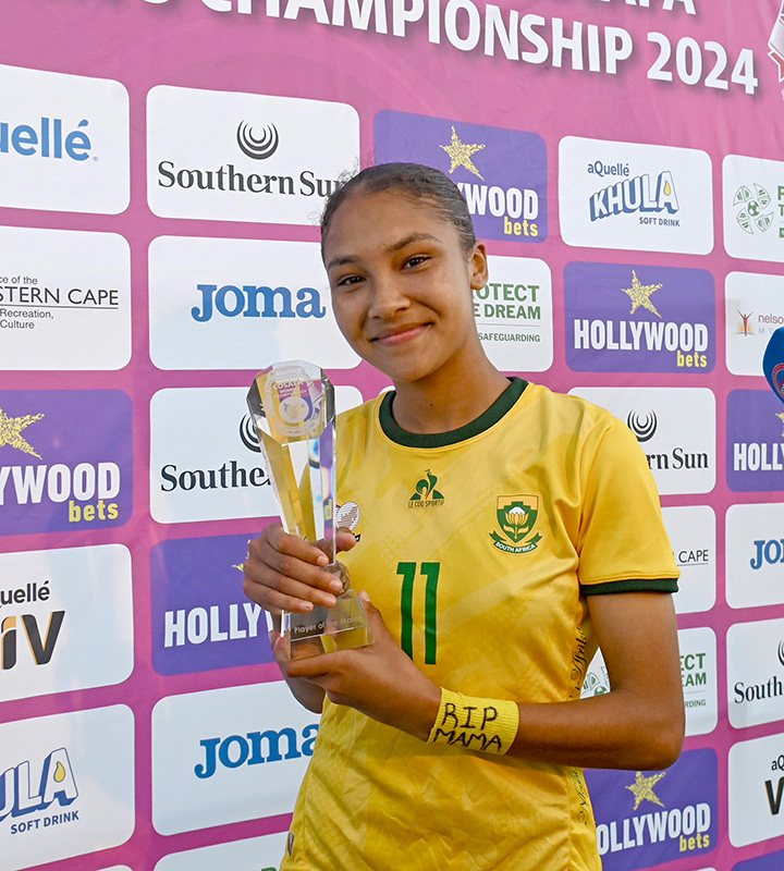 Player of the Match Kesha Hendricks sealed the winning penalty for South Africa to win the penalty shootout 4-1. Photo: COSAFA Media