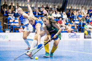 Namibia’s Kiana-Che Cormack launches an attack on Malikah Hamza’s possession in Saturday’s first fixture. Nkosi Cup defending champions Namibia arrived at the tournament to produce two nail-biting performances and open their account with a full house, beating South Africa before edging Ireland at the Wynberg Military Base in Cape Town, on Saturday, 14 December, 2024. All Photos: Alette Klopper