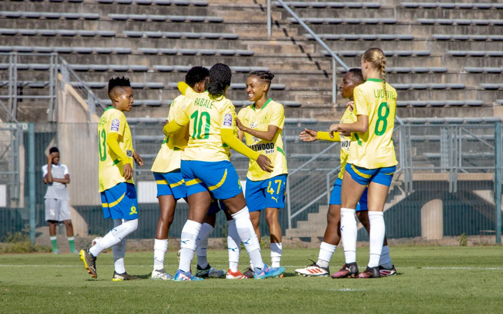 Mamelodi Sundowns Ladies celebrate Nonhlanhla Mthandi’s conversion for the log leaders’ second goal in their Hollywoodbets Super League home win against newly-promoted Ezemvelo Women's FC at the Lucas Moripe Stadium in Atteridgeville, Gauteng, on Saturday, 19 April, 2025. File Photo: Supplied