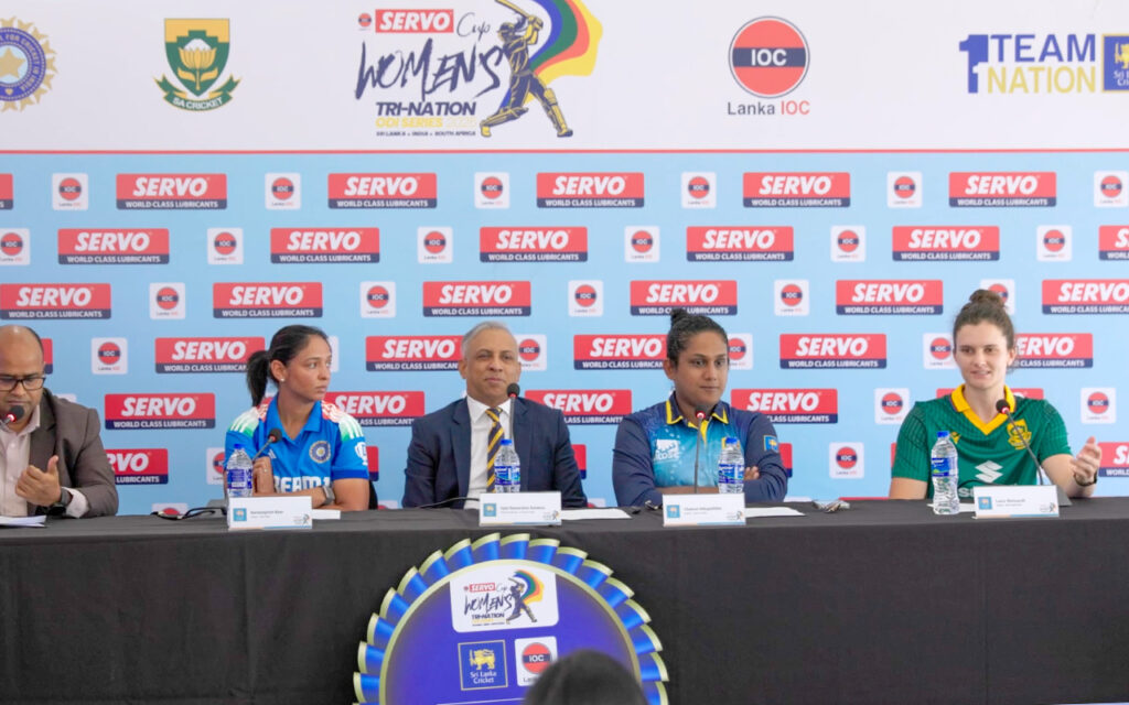 Alongside match officials at the pre-match press conference were India captain Harmanpreet Kaur (second from left), Sri Lanka skipper Chamari Athapaththu (second from right) and Proteas Women captain, Laura Wolvaardt. India secured an opening win against Sri Lanka on Sunday, and will face South Africa in their first match on Tuesday, 29 April, 2025. All Photos: Cricket South Africa
