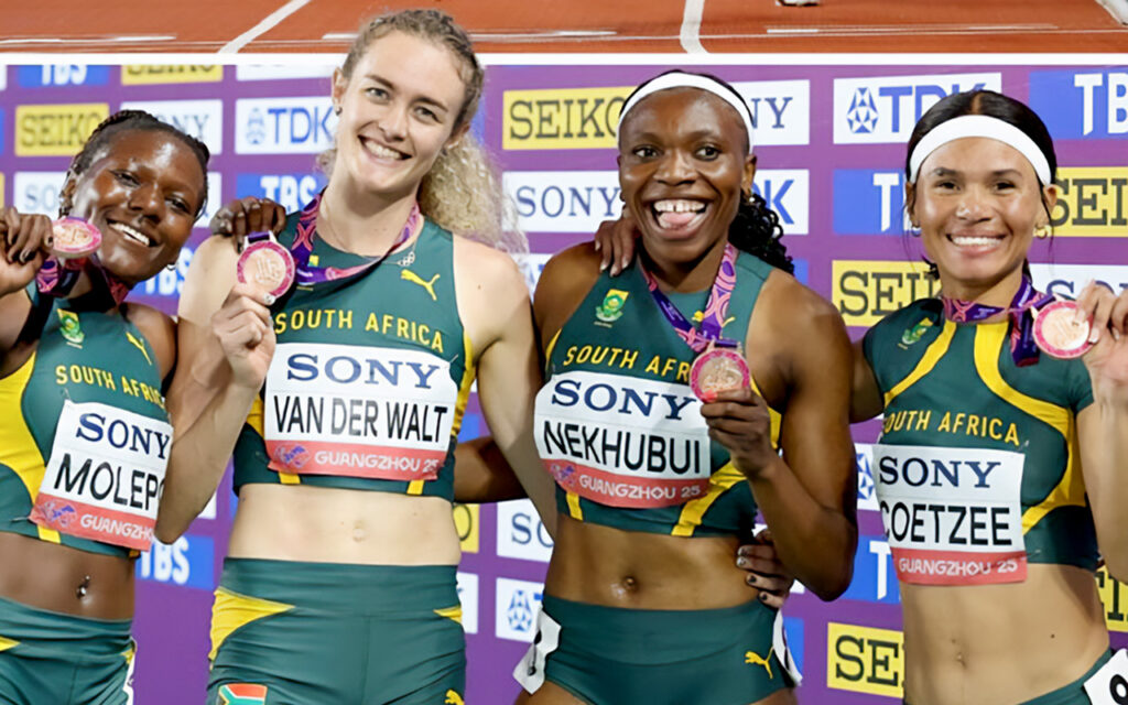 The quartet of (from left) Precious Molepo, Zenéy Geldenhuys, Shirley Nekhubui and Miranda Coetzee clocked 3:24.84 to claim the women’s 4x400m bronze medal at the World Athletics Relays Championship in Guangzhou, China on Sunday, 11 May, 2025. Photo: World Athletics