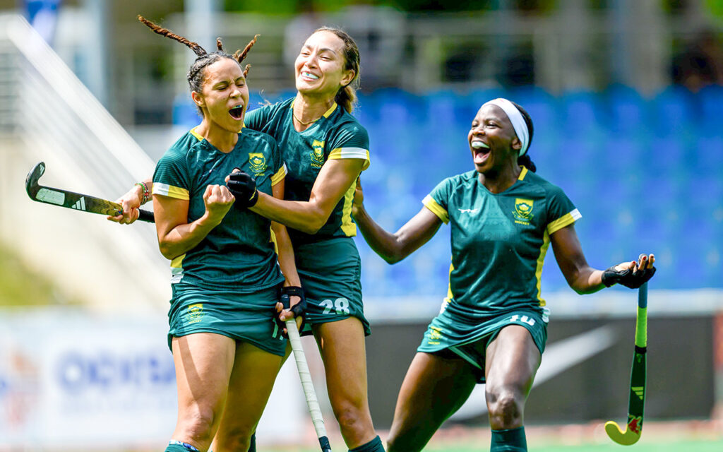 Onthatile Zulu and Quanita Bobbs celebrate Charné Maddocks’s goal to draw level after Malaysia opened scoring in the final quarter. The FIH Nations Cup 2 came to a close in disappointing fashion for South Africa, who were edged 4-3 by Malaysia in a shootout after a 1-all draw in the 7th-place playoff, at the inaugural FIH Nations Cup 2 in Wałcz, Poland, on Sunday, 22 June 2025. All Photos: FIH / World Sport Pics