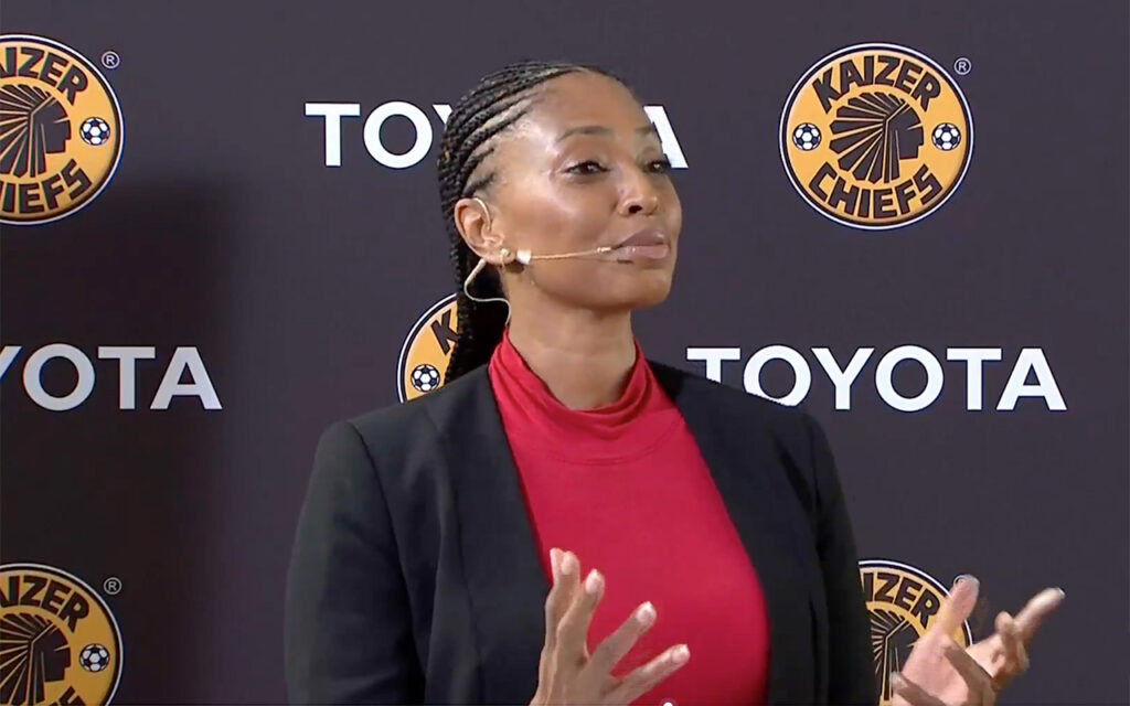 Jessica Motaung pictured announcing the partnership between the Sasol Provincial Women’s League team Home Sweepers Ladies FC and iconic Soweto football club, Kaizer Chief, on 27 June, 2025. Photo: Screenshot SABC Sport Livestream