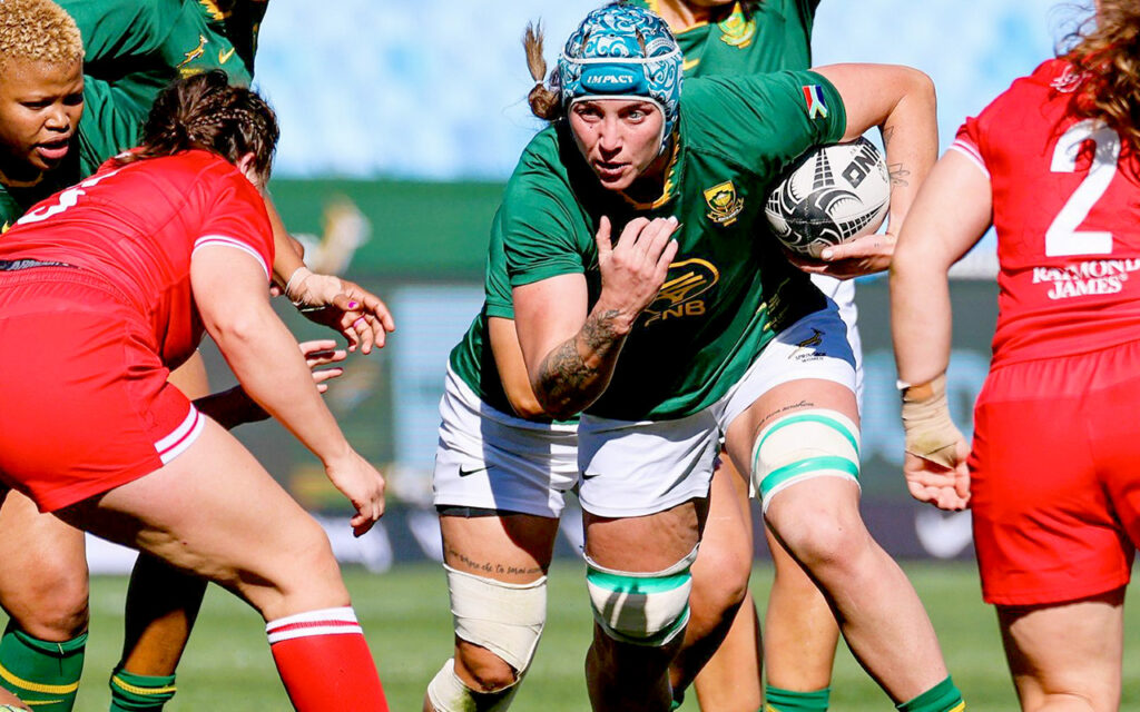 Bok Women lock Danelle Lochner charges forward to advance South Africa’s position against world no.2 Canada, who comfortably beat their hosts 50-20 in the first of two Tests, at Loftus Park in Pretoria on Saturday, 5 July, 2025. File Photo: SA Rugby / Gallo