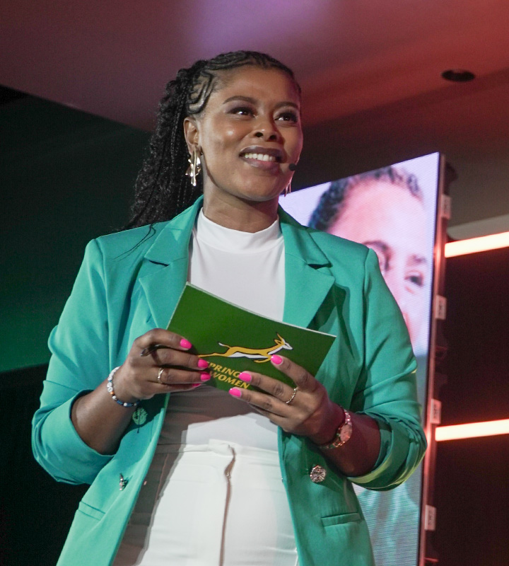 FNB’s Springbok Women Women’s Rugby World Cup sendoff host, Motshidisi Mohono.