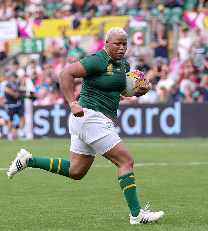 Aseza Hele just before scoring the Women Boks’ second try during their Women's Rugby World Cup 2025 Pool D match against Brazil.