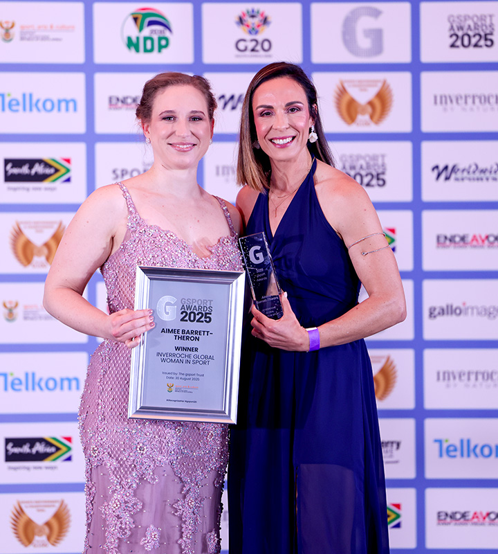 Aimee Barrett-Theron, on official duty for World Rugby at the Women’s Rugby World Cup in England, was represented by her wife, Zaandre Barrett-Theron, to receive the Inverroche Global Woman in Sport award.