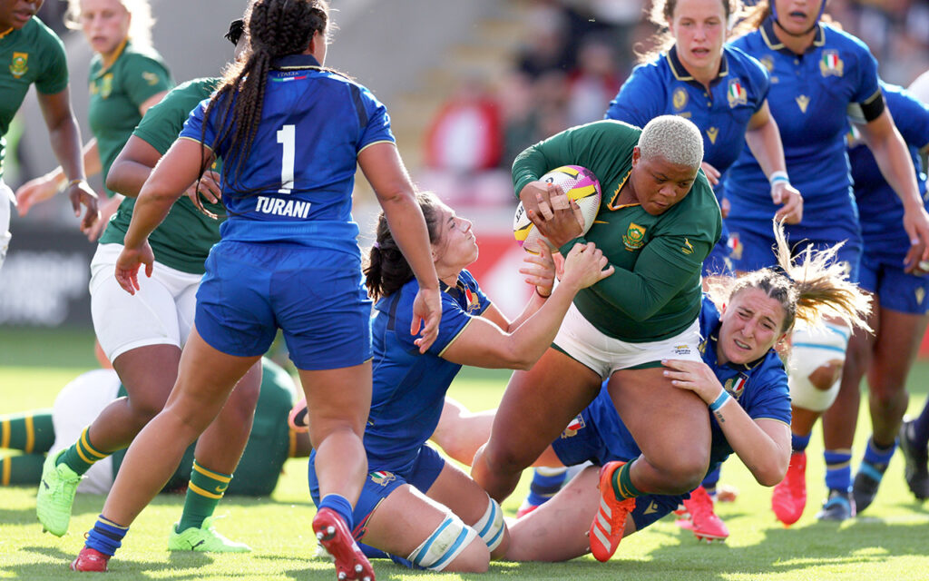 Aphiwe Ngwevu of South Africa makes headway for the Springbok Women against Italy during the Women's Rugby World Cup 2025 Pool D match at the York Community Stadium in York, England, on August 31, 2025. All Photos: Molly Darlington / World Rugby via Getty Images