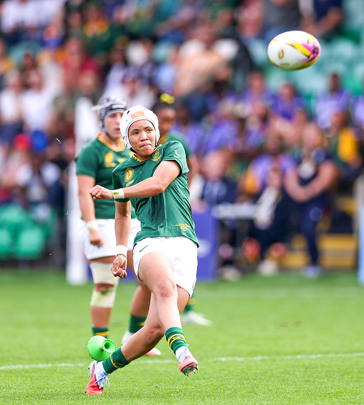 Byrhandre Dolf slots a penalty goal against France at Franklin's Gardens on Sunday. Photo: Morgan Harlow - World Rugby/World Rugby via Getty Images