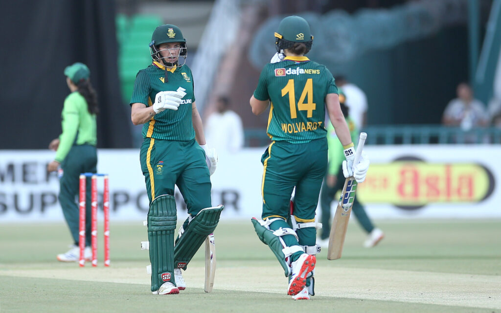 Centurions Marizanne Kapp and Tazmin Brits celebrate their remarkable partnership to steer the Proteas Women to a comfortable opening ODI win against Pakistan, at the Gaddafi Stadium in Lahore, Pakistan, on Friday, 19 September 2025. All Photos: PCB