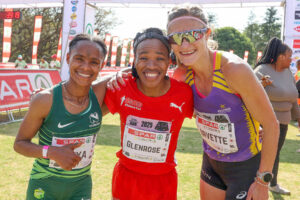 Glenrose Xaba has completed a clean sweep of all five Spar Grand Prix races in a single year, storming to victory in the Jozi Spar Women's 10km Challenge ahead of Ethiopian Diniya Abaraya (left) and Irvette van Zyl (right) on Sunday, 5 October, 2025. All Photos: Reg Caldecott / Gallo Images