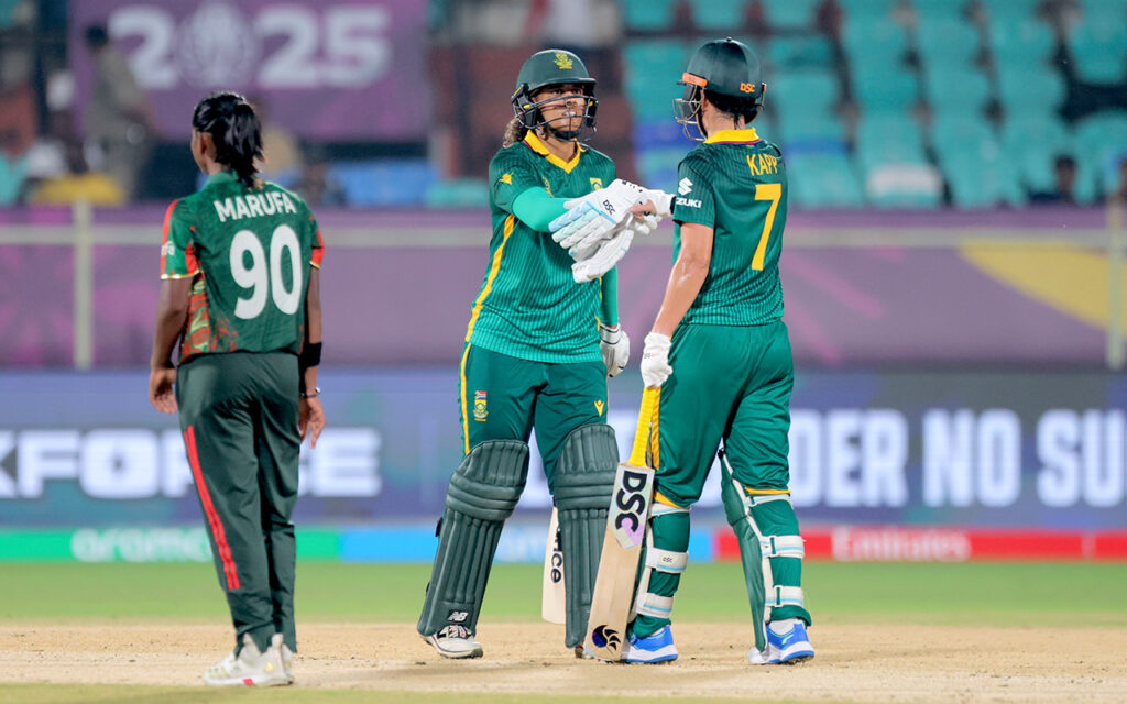 Chloé Tryon and Marizanne Kapp shone with the bat as the Proteas Women clinched another dramatic three-wicket victory over Bangladesh in their fourth ICC Women’s Cricket World Cup 2025 league-stage encounter in Visakhapatnam on Monday, 13 October 2025. All Photos: ICC via Getty Images