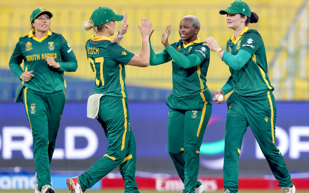 Nonkululeko Mlaba, the second-best bowler by wickets in the 2025 World Cup after five group-stage matches, is South Africa’s best bowler by a large margin, her consistent wickets hauls allowing the Proteas Women’s batters the opportunity to dominate the opposition in several matches. All Photos: Matthew Lewis / Getty Images via ICC