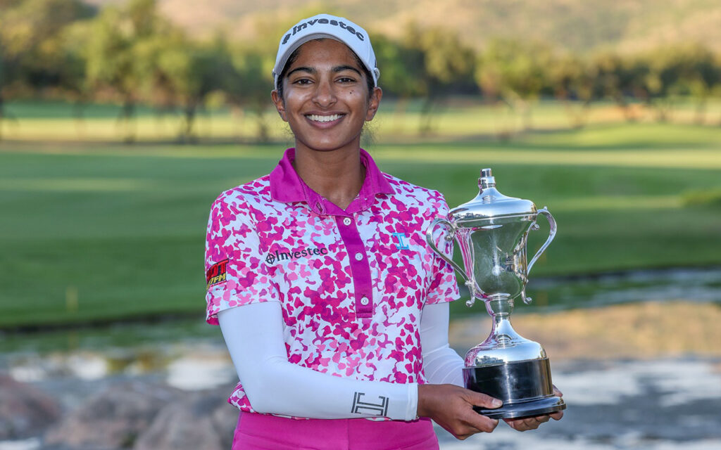 Kaiyuree Moodley is enjoying the taste of an extra sweet victory after winning the 2025 Blu Label Unlimited Ladies Challenge at Sun City on Saturday, 25 October 2025, securing her first Sunshine Ladies Tour win. Photo: Sunshine Ladies Tour