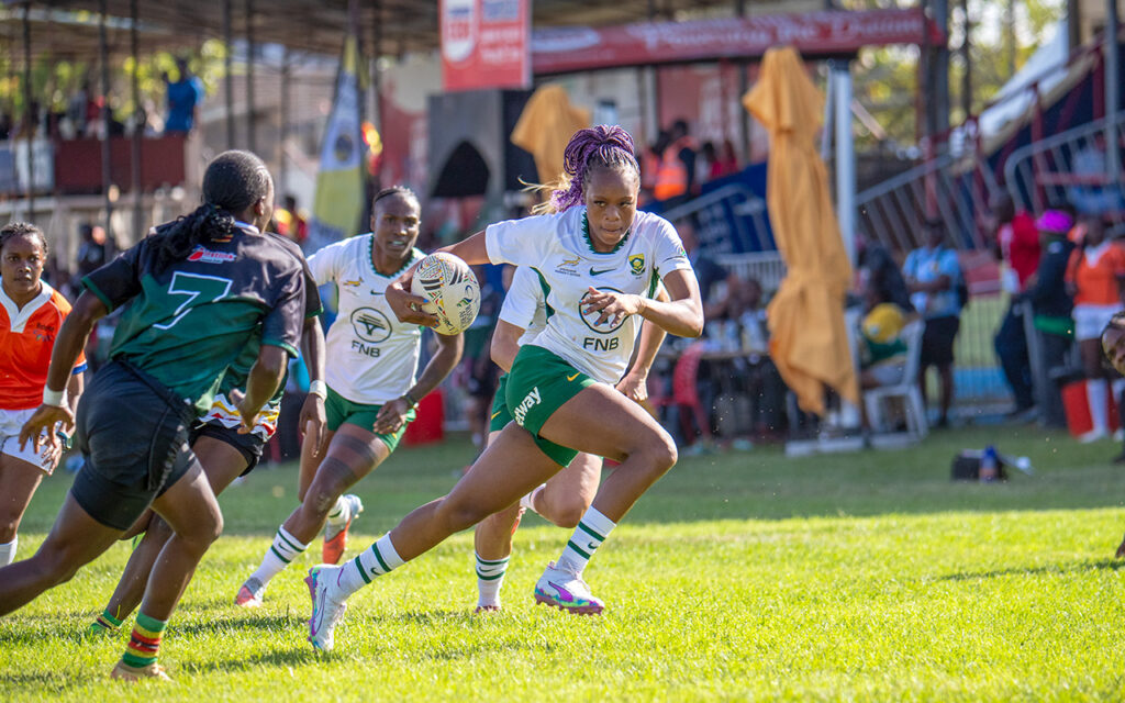 Patience Mokone scored five tries in South Africa’s two outings, against Mauritius and Zimbabwe on Day 1 of the Rugby Africa Women’s Sevens Championship, in Nairobi, Kenya, on 15 and 16 November 2025. All Photos: Kenya Rugby Union via Rugby Afrique