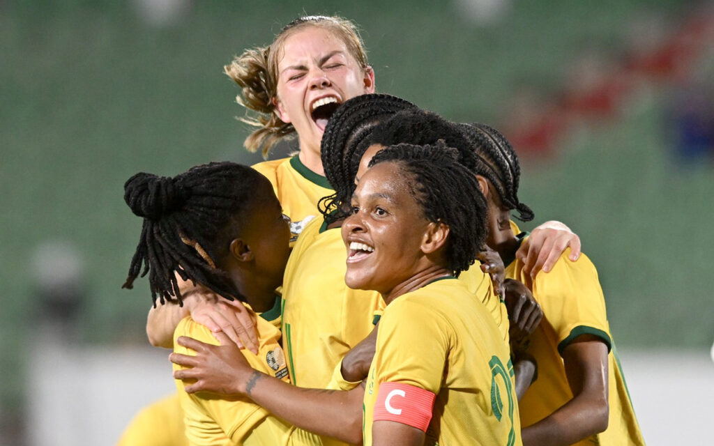 A hard-earned moment of celebration breaks through after Noxolo Cesane nets Banyana Banyana’s second goal away to beat WAFCON 2026 hosts Morocco two-nil at the Adrar Stadium in Agadir, Morocco, on Tuesday, 2 December, 2025. Photo: Sasol in Sport