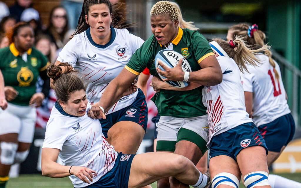 Aseza Hele pictured making ground against USA women in this file photo from 2024. SA Rugby has announced that the Springbok Women will host their counterparts from the USA in a historic two-Test series in July in Johannesburg and Pretoria, where they will open the days’ action when the Springboks kick oﬀ their Nations Championship campaign. File Photo: Gallo Images via SA Rugby