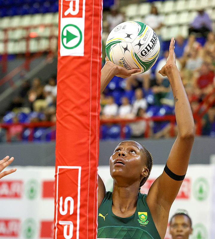 Proteas Goal Attack Owethu Ngubane shoots for goal against England on the opening day of the Spar Challenge.