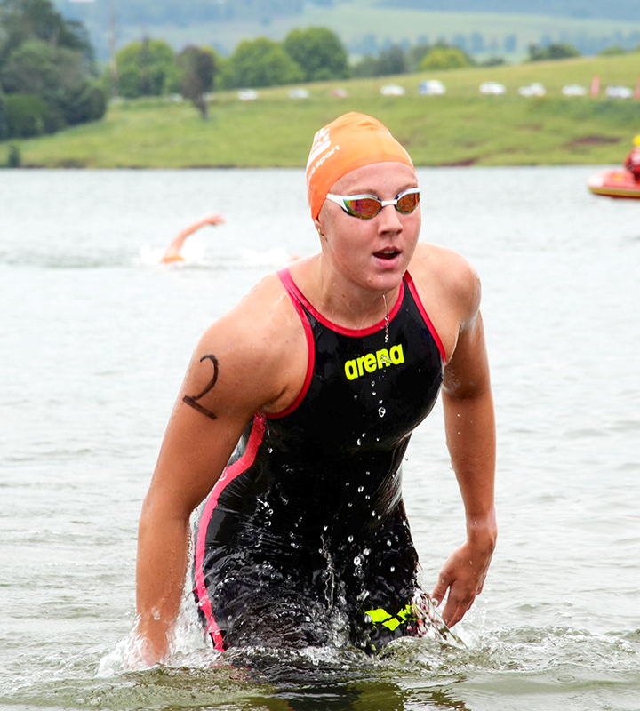 National open water champion over 1.5km, 5km and 10km, Lötter is pictured emerging from the water in 2025.