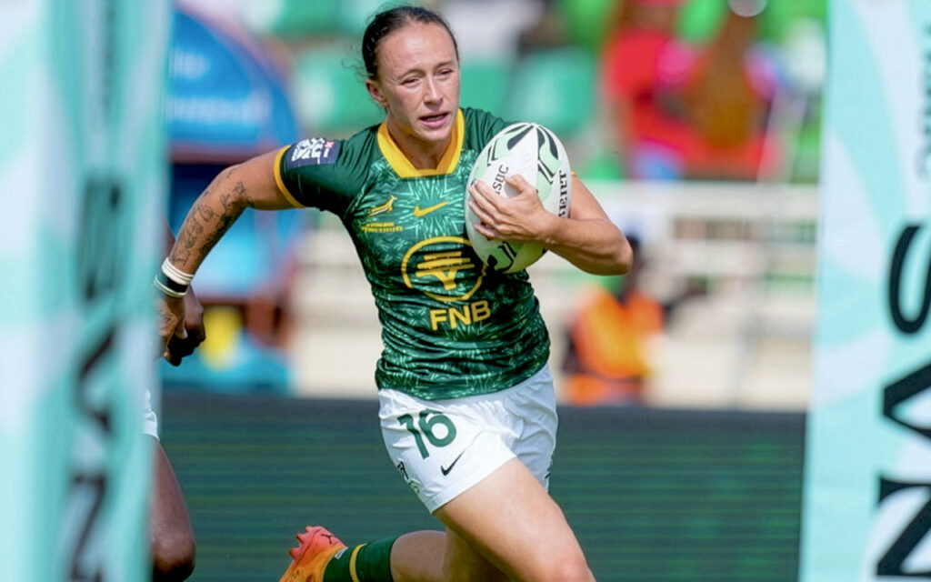 Shiniqwa Lamprecht on her way to scoring an early try in their final HSBC SVNS 2 match against Kenya at Nyayo National Stadium in Nairobi, Kenya, on Saturday, 14 February, 2026. Photo: Gallo Images / Rugby SA