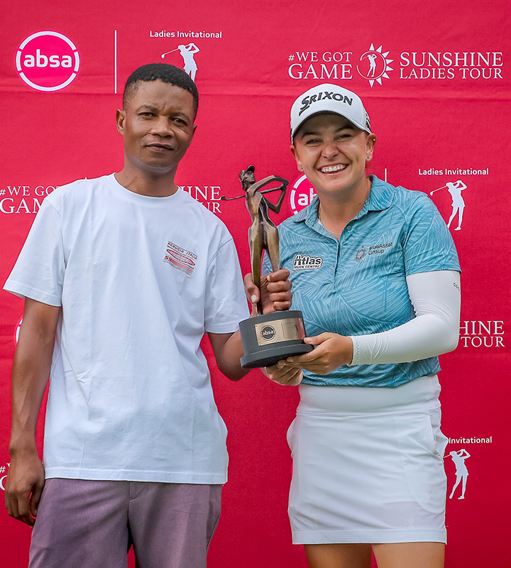 An excited Nadia van der Westhuizen is pictured with caddie Gilbert Marries following her her fourth Sunshine Ladies Tour title.