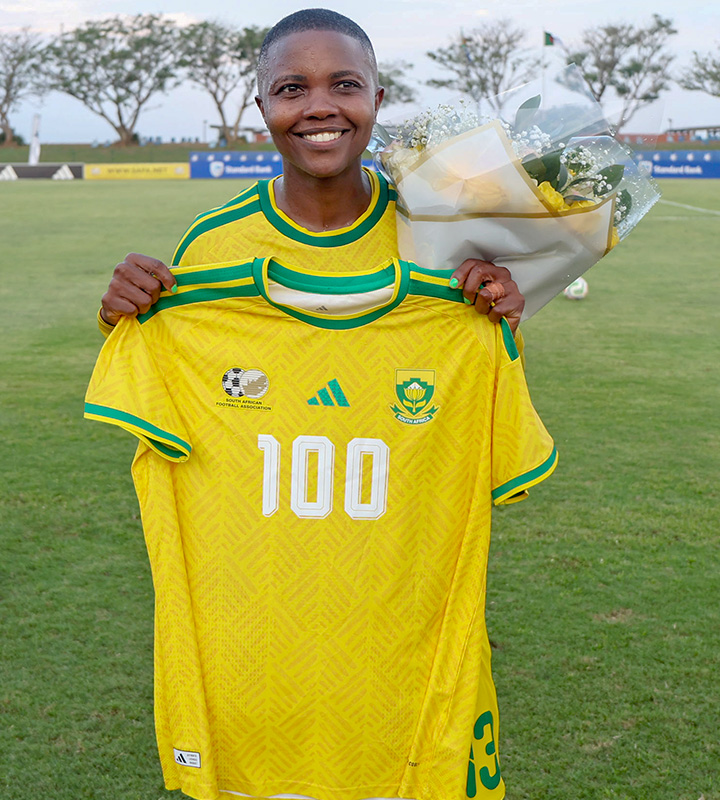 Sasol Banyana Banyana defender Bambanani Mbane celebrates her historic 100th international appearance for South Africa.