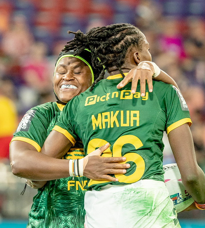 Stand-in Skipper Zintle Mpupha congratulates Lerato Makua on opening her international Sevens account against Great Britain on Saturday.