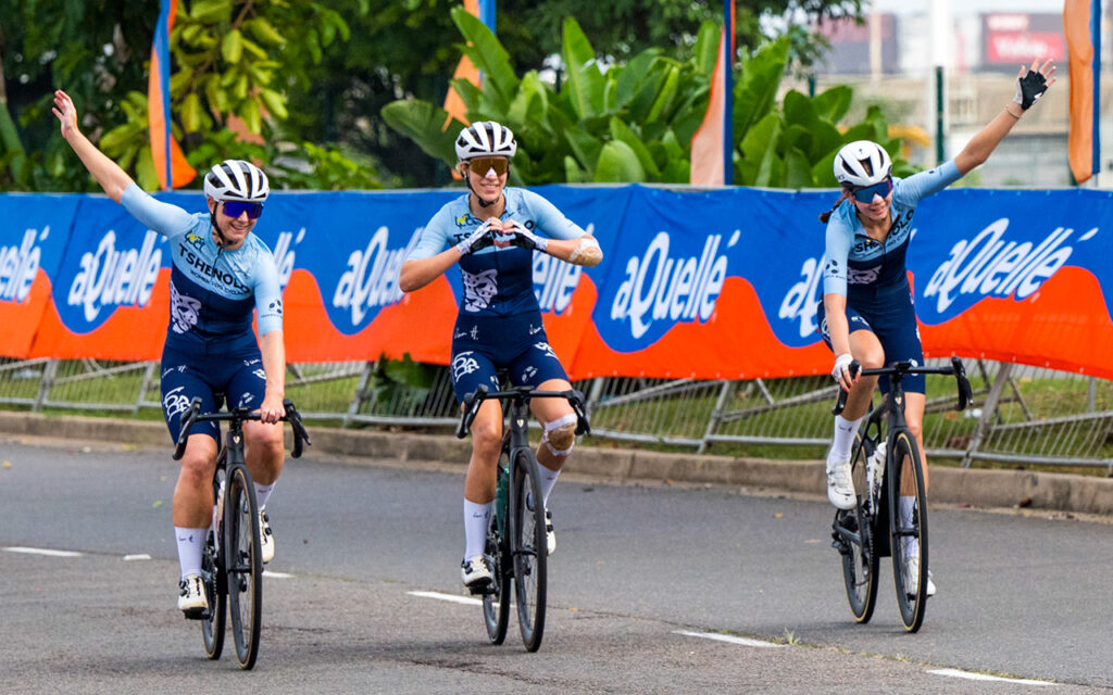 Team mates Sonica Klopper (centre), Megan Botha (right) and Lucy Young (left) make it a team 1-2-3 at the 2026 aQuellé Tour Durban in association with Cycle Lab at the Moses Mabhida Stadium in Durban on Sunday, 19 April 2026. Photo: Ant Grote / Gameplan Media