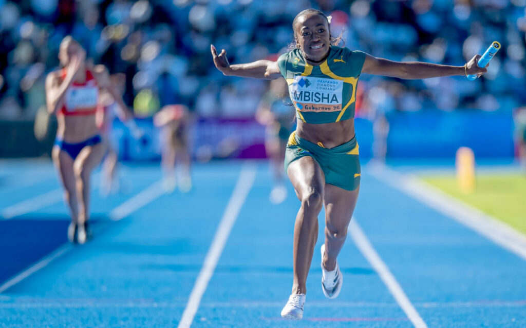 Joviale Mbisha of South Africa in action in the Women's 4x100 Metres Relay on Day 1 of the Debswana World Athletics Relays Gaborone 26 at Botswana National Stadium in Gaborone, Botswana, on May 2, 2026. Photo: Anton Geyser / Athletics SA