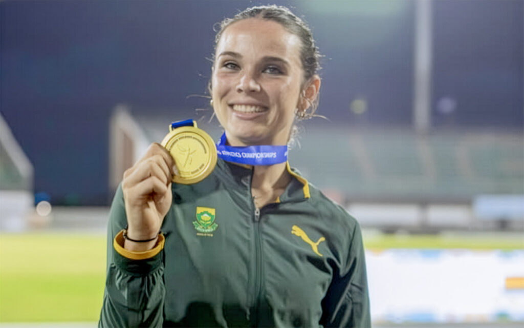 The women’s contingent in defending champs Team South Africa brought in three medals in the field events of Ansume de Beer (pictured), Kristi Snyman and Leandri Holtzhausen over the opening half of the 24th CAA African Senior Athletics Championships in Accra, Ghana. Photo: Ansume de Beer