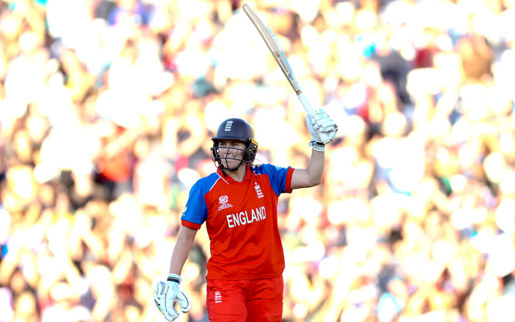 England captain Nat Sciver-Brunt raised her bat on reaching a half-century as England posted a competitive total against the Proteas Women in the ICC Women's T20 World Cup 2026 semi-final, at The Oval in London, England, on 2 July 2026. All Photos: Getty Images via ICC