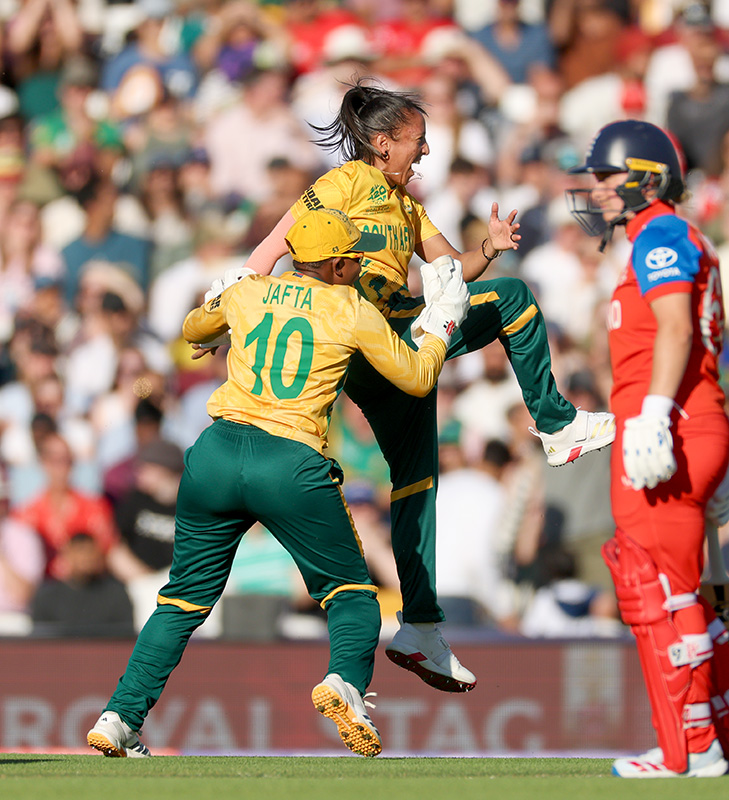 Shabnim Ismail celebrates after taking the Proteas Women’s first strike against England, at the T20 World Cup 2026 semi-final on Thursday.