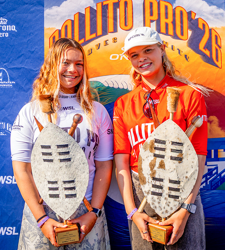 Hately (left) and Lepront, finalists in the 2026 O'Neill SMTH Shapes Ballito Pro Junior women's event. Photo: Pierre Tostee / WSL