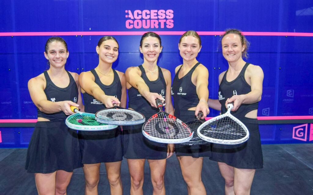 The Capital Fruit SA Country Districts A women's team (from left, Keschia Schlebusch, Chante Leppan, Lizelle Muller, Bianke Pienaar, Alexa Pienaar, celebrate defending their title in the Growthpoint Jarvis-Kaplan Interprovincial squash tournament in Mossel Bay on Friday. Photo: Johnny Munro
