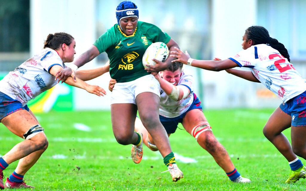 Siphumelele Mdlalose scored the Junior Springbok Women's first try of the series as the Junior Springbok Women fell 47-12 to the USA Under-20 Women in the opening match of their two-match series at the Markötter Stadium in Stellenbosch on Friday, 17 July 2026. All Photos: Gallo Images / SA Rugby