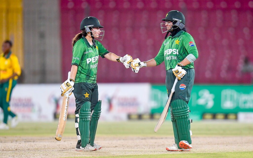 Zoofishan Ayyaz (left) and Pakistan U19 Women captain Fizza Fiaz mark their innings as the SA U19 Women fell to a six-wicket defeat against Pakistan in the fourth Youth T20I at the National Bank Stadium in Karachi, Pakistan on Wednesday, 22 July 2026. All Photos: The PCB