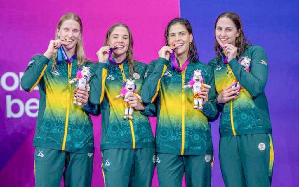 Olivia Nel, Erin Gallagher, Rebecca Meder and Aimee Canny (L-R) claimed bronze in the women's 4x100m freestyle relay at the Tollcross International Swimming Centre in Glasgow, Scotland on Friday, 24 July 2026. Photo: Team SA