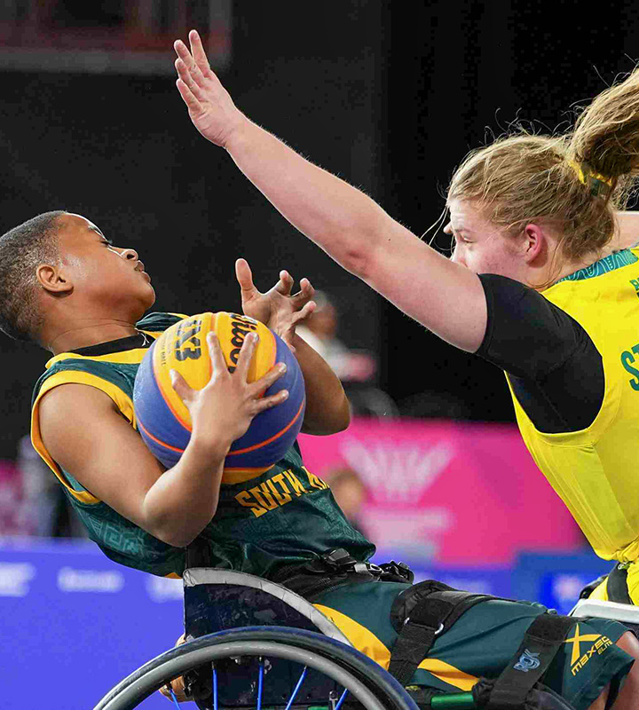 South Africa's women's wheelchair 3x3 side of Aviwe Ngoni, Asive Gilifile, Michelle Moganedi and Ongezwa Hagu fell to Australia in Pool A. Photo: Team SA
