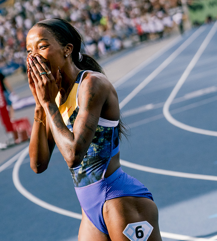 Prudence Sekgodiso takes in the scoreboard after her Diamond League race this year, captured by Groll ‘beyond the finish line’.