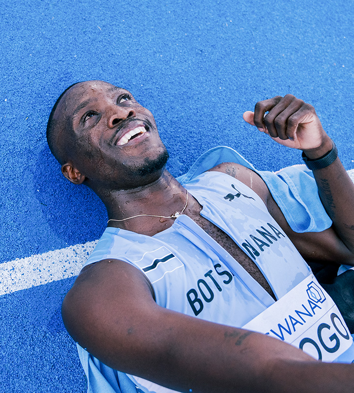 One of Groll's favourite frames from Gaborone: Botswana sprint star Letsile Tebogo soaks in the relief of the World Relays' final race in his home stadium.