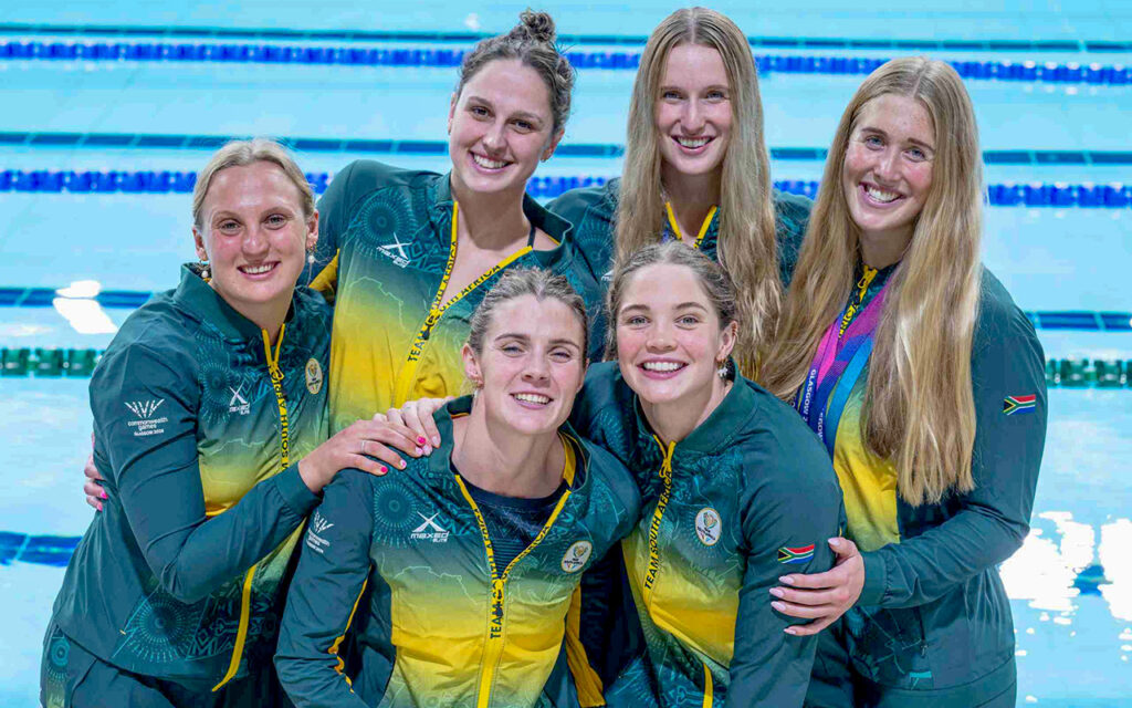 Kaylene Corbett and her South African teammates after she won silver in the women's 200m breaststroke at the Tollcross International Swimming Centre in Glasgow, Scotland on Wednesday, 29 July 2026. Photo: Anton Geyser / Team SA