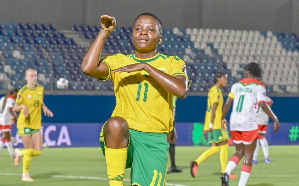 Thembi Kgatlana strikes her trademark celebration after firing Sasol Banyana Banyana into the WAFCON 2026 quarter-finals with the only goal of the 1-0 win over Burkina Faso at the Moulay Rachid Stadium in Casablanca, Morocco, on Tuesday, 4 August 2026. Photo: CAF