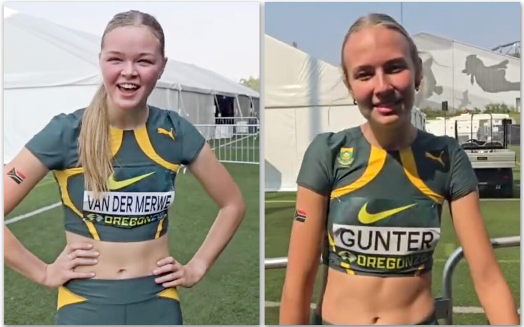 Zanté van der Merwe (left), Isabella Gunter (right) and Davida Strong were part of the South African mixed 4x400m relay quartet that twice lowered the national under-20 mark on the opening day of the World Athletics U20 Championships at Hayward Field in Eugene, Oregon on Wednesday, 5 August 2026. Photo: Athletics SA