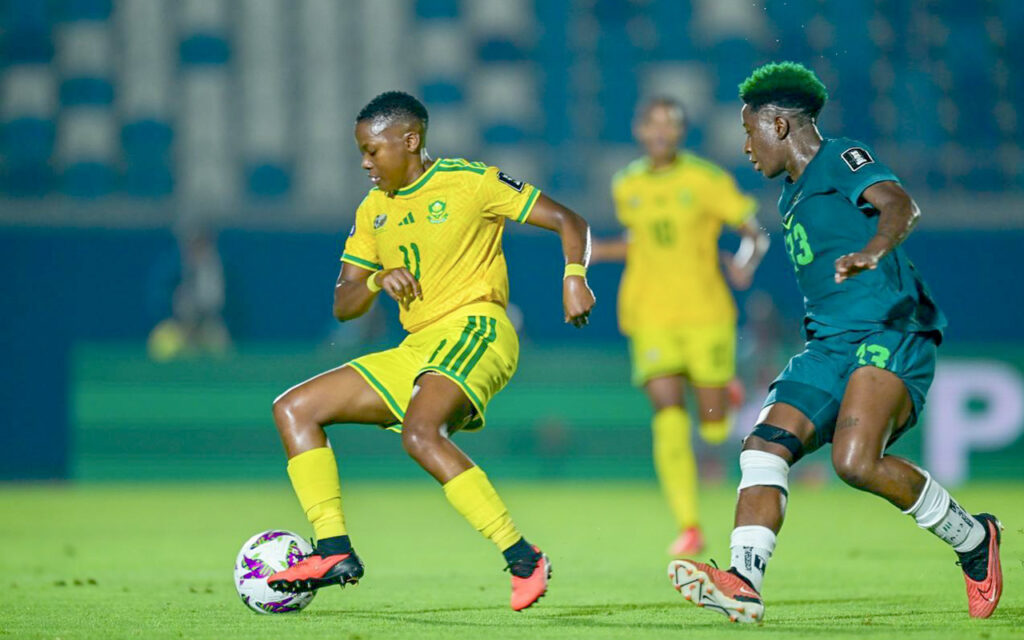Thembi Kgatlana opened the scoring for Sasol Banyana Banyana in the 56th minute of their 2-1 win over Nigeria at the Moulay Rachid Stadium in Casablanca, Morocco, on Thursday, 13 August 2026, a fourth goal of the tournament that set South Africa on their way to the intercontinental play-offs for the 2027 FIFA Women's World Cup. Photo: SAFA