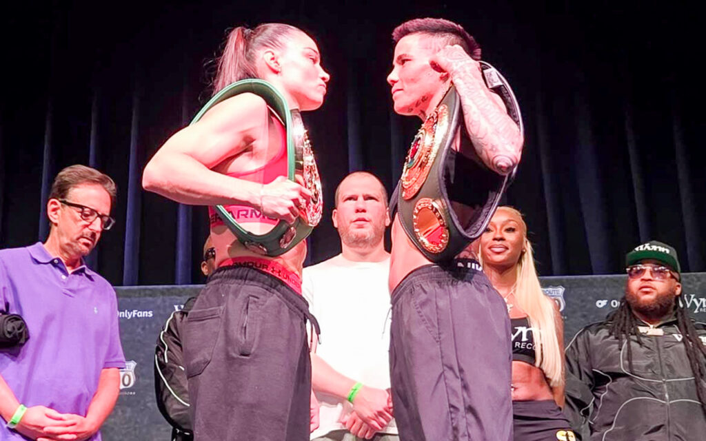 Bernice Ferreira (right) beat defending champ Caroline Veyre to fulfil a promise to make history for South Africa, pictured ahead of their historic super-featherweight unification world title bout at the pre-fight weigh-in in Atlanta, Georgia, USA on Friday, 14 August 2026. All Photos: No Doubt Management