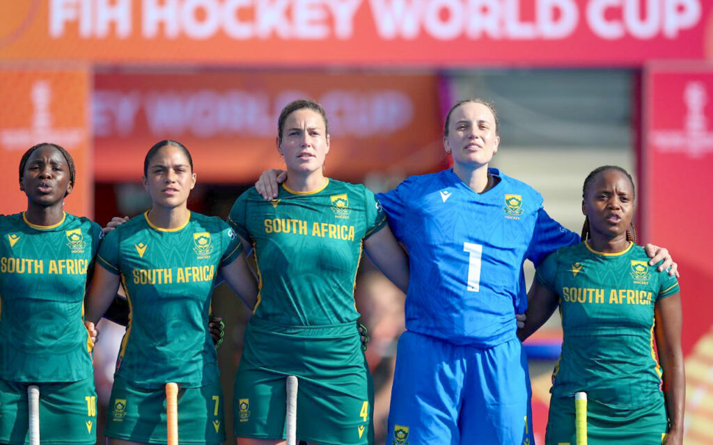 South Africa's players perform the national anthem ahead of their FIH Hockey World Cup 2026 Pool D opening match against England, the first of three group stage encounters as world number 20 South Africa face England, India and China at the Wagener Hockey Stadium, Amstelveen, Netherlands, 16 August 2026. All Photos: Jan van Zyl