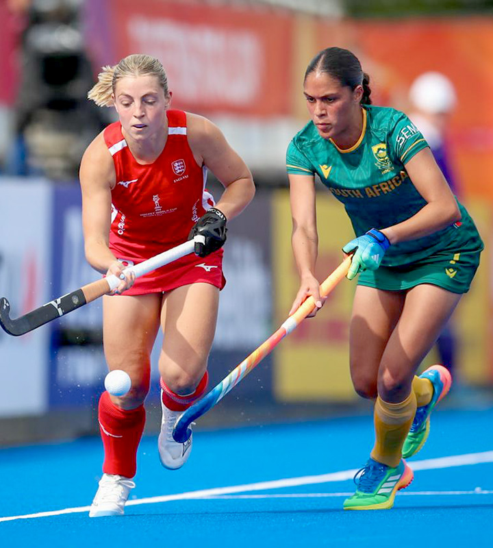Taheera Augousti races for possession against England at the Wagener Hockey Stadium on Sunday.
