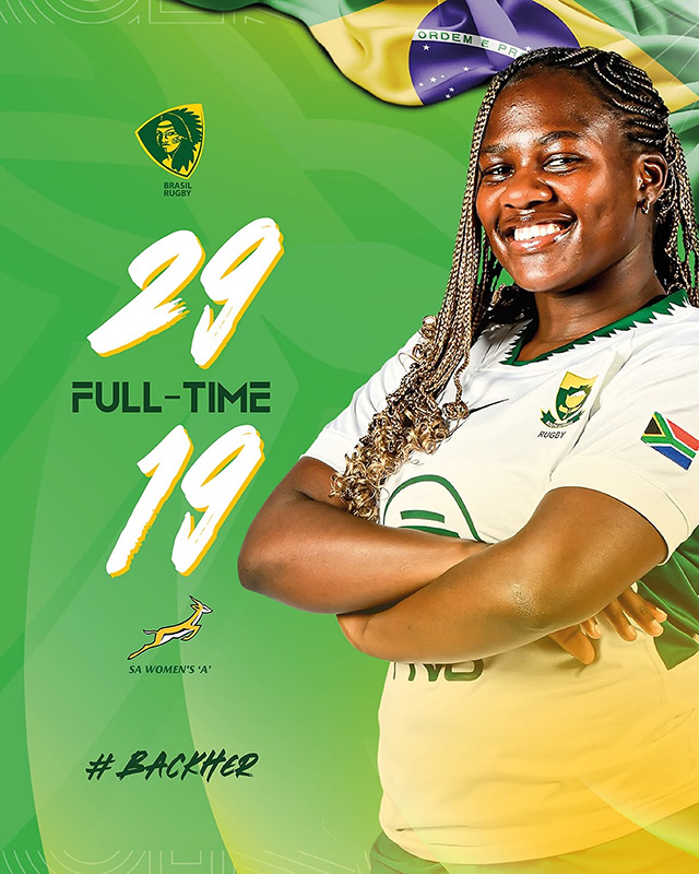 Official SA Rugby team announcement graphic for Brazil vs. SA Women's 'A' on 30 August 2026, with the SA Women's 'A' springbok emblem and the Brasil Rugby crest at the top and a Brazilian flag in the background. Three SA Women 'A' players in white FNB-branded jerseys and green shorts pose in front of the starting XV: 15 Hayley Hardneck, 14 Thobile Msizazwe, 13 Shaunique Alexander, 12 Lilitha Vakalisa, 11 Isabella Nel, 10 Mary Zulu (captain), 9 Anitha Fazi, 8 Emihle Mayitshe, 7 Avela Gwala, 6 Jada Davids, 5 Abigail Smit, 4 Zethu Gcaza, 3 Anothando Khatshwa, 2 Karabo Lebotsa, 1 Anuschka Ekron. Replacements from: 16 Luchelle Hanekom, 17 Iviwe Jonas, 18 Vanessa Gabadi, 19 Kaylee Daniels, 20 Yonelisa Plaatjies, 21 Yonda Nokwe, 22 Carmelita Malone, 23 Insaaf Levy, 24 Sinothile Bhengu, 25 Courtney Hickson. The hashtag #BackHer and "Watch it live on YouTube" appear at the foot of the graphic.