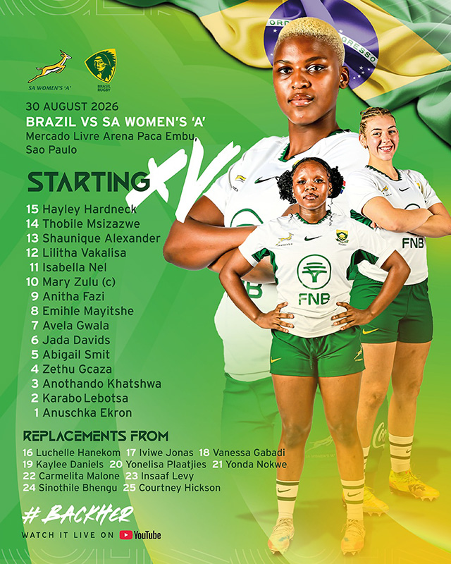 Official SA Rugby full-time graphic showing Brazil 29, SA Women 'A' 19, with the Brasil Rugby crest above the 29 and the SA Women's 'A' springbok emblem below the 19 on a green background with a Brazilian flag in the top corner. A smiling SA Women 'A' player with long braided hair stands with arms folded in a white jersey with green trim and a South African flag on the sleeve. The hashtag #BackHer appears at the foot of the graphic.